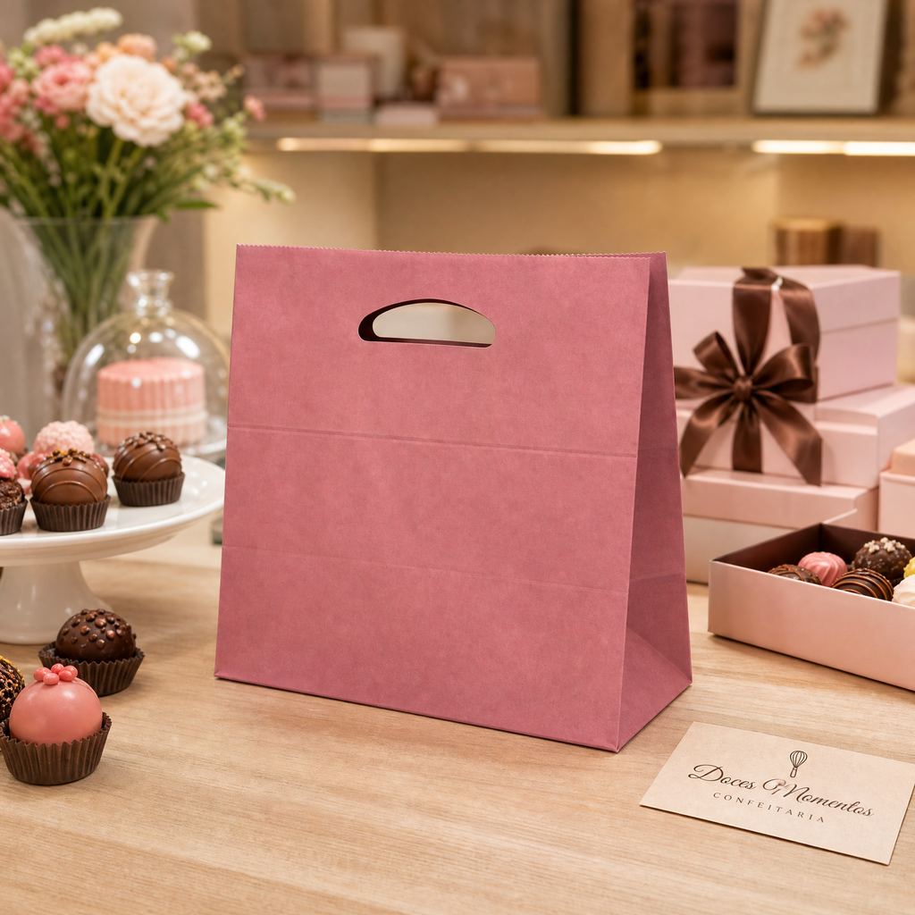 Sacola Kraft Rosa Boca de Palhaço M22 para Confeitaria – 25 unidades