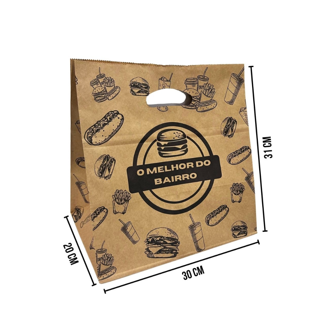 25 Sacolas Kraft Estampada 26cm de Altura - O Melhor do Bairro